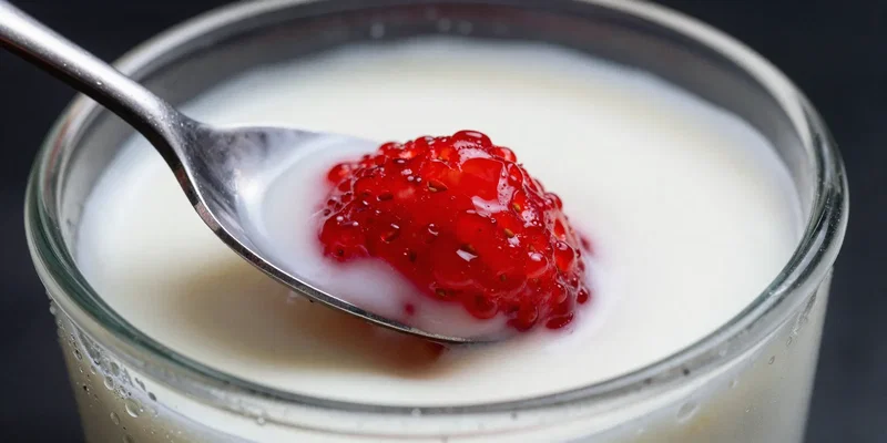 Extreme close-up, single spoonful of fruit-on-bottom yogurt. The spoon cuts through the pristine white yogurt to reveal