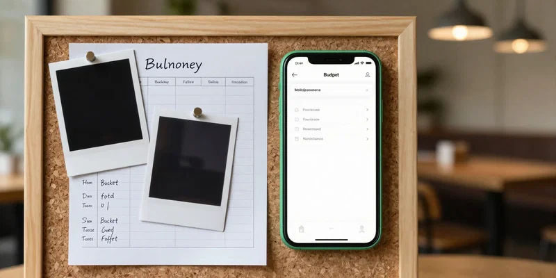 Two polaroid photos pinned to a corkboard next to a messy handwritten budget breakdown, a green glowing smartphone screen