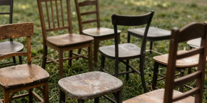 Close up of mismatched vintage wooden chairs arranged in rows on green grass, rustic aesthetic, wedding photography
