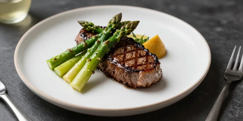 Elegant restaurant dinner plate of grilled steak with asparagus and broccolini, beautifully plated, dark table, food