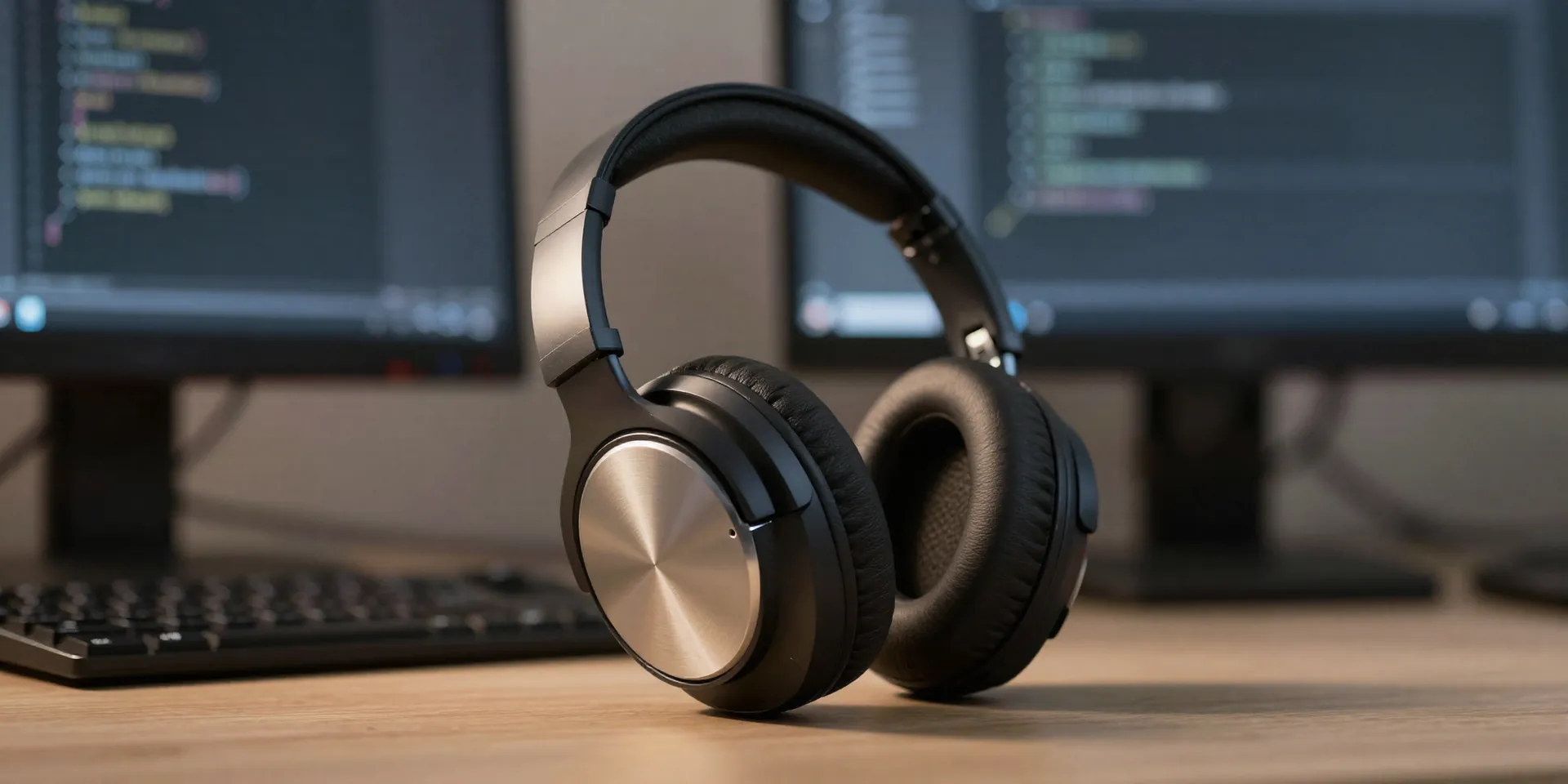 Over-ear noise-cancelling headphones resting on a desk next to a code editor on a monitor. materials, leather ear cups