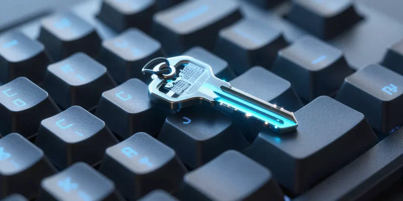 A glowing digital key floating over a sleek modern mechanical keyboard, cyberpunk aesthetic, unreal engine 5 render