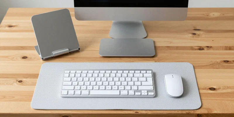 Minimalist flat-lay of essential travel work gear on a hostel wooden table. A compact foldable laptop stand, slim Bluetooth