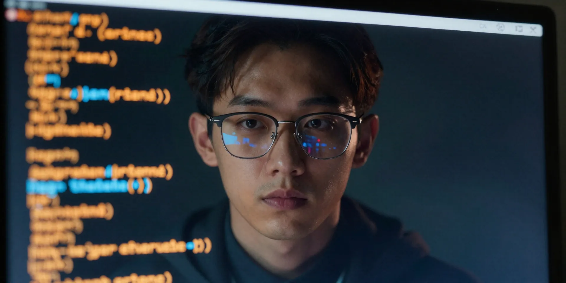 A glowing terminal screen with bright orange and blue code syntax, reflected in the glasses of a focused programmer