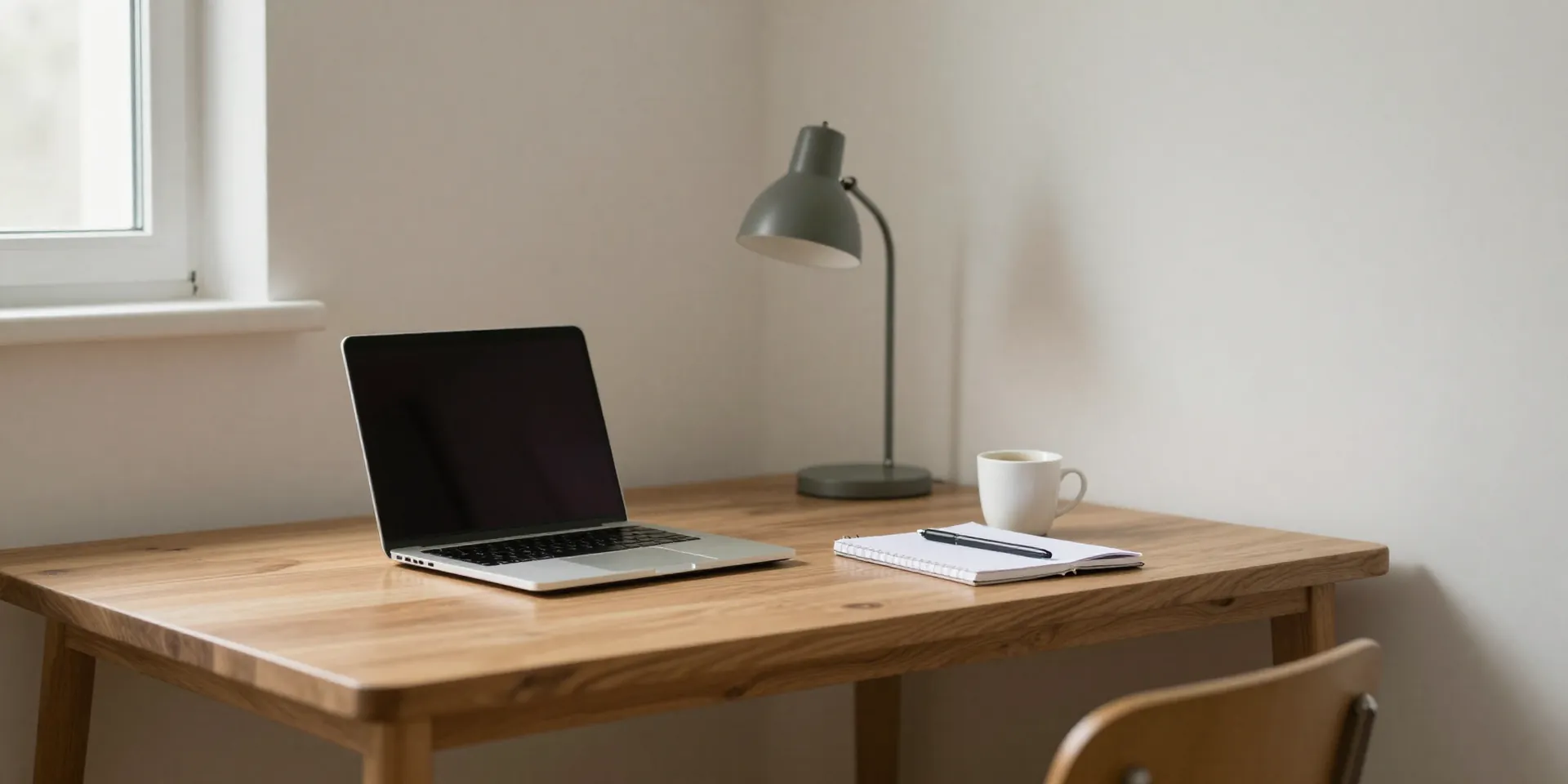 A single, wooden desk against a bare wall. Only a laptop, a lamp, and a notebook present. A cup of coffee sits to the side
