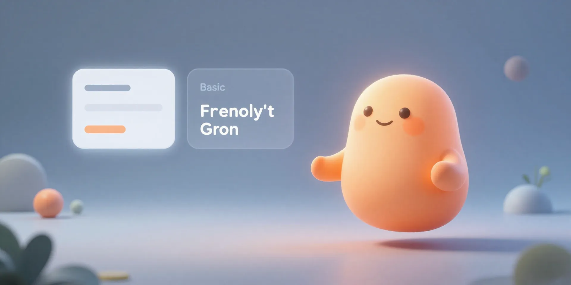 Friendly, calm cartoon character made of soft orange light floating in a simple, serene digital space, guiding the user