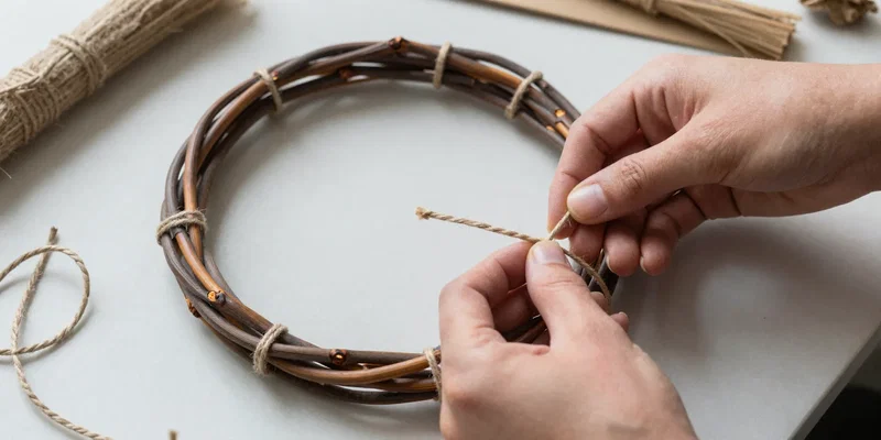 DIY step-by-step process, hands twisting a base of flexible willow branch into a circle, securing it with jute twine