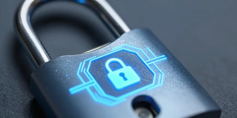 Close up macro shot of a complex physical padlock with intricate digital wiring glowing blue, representing software