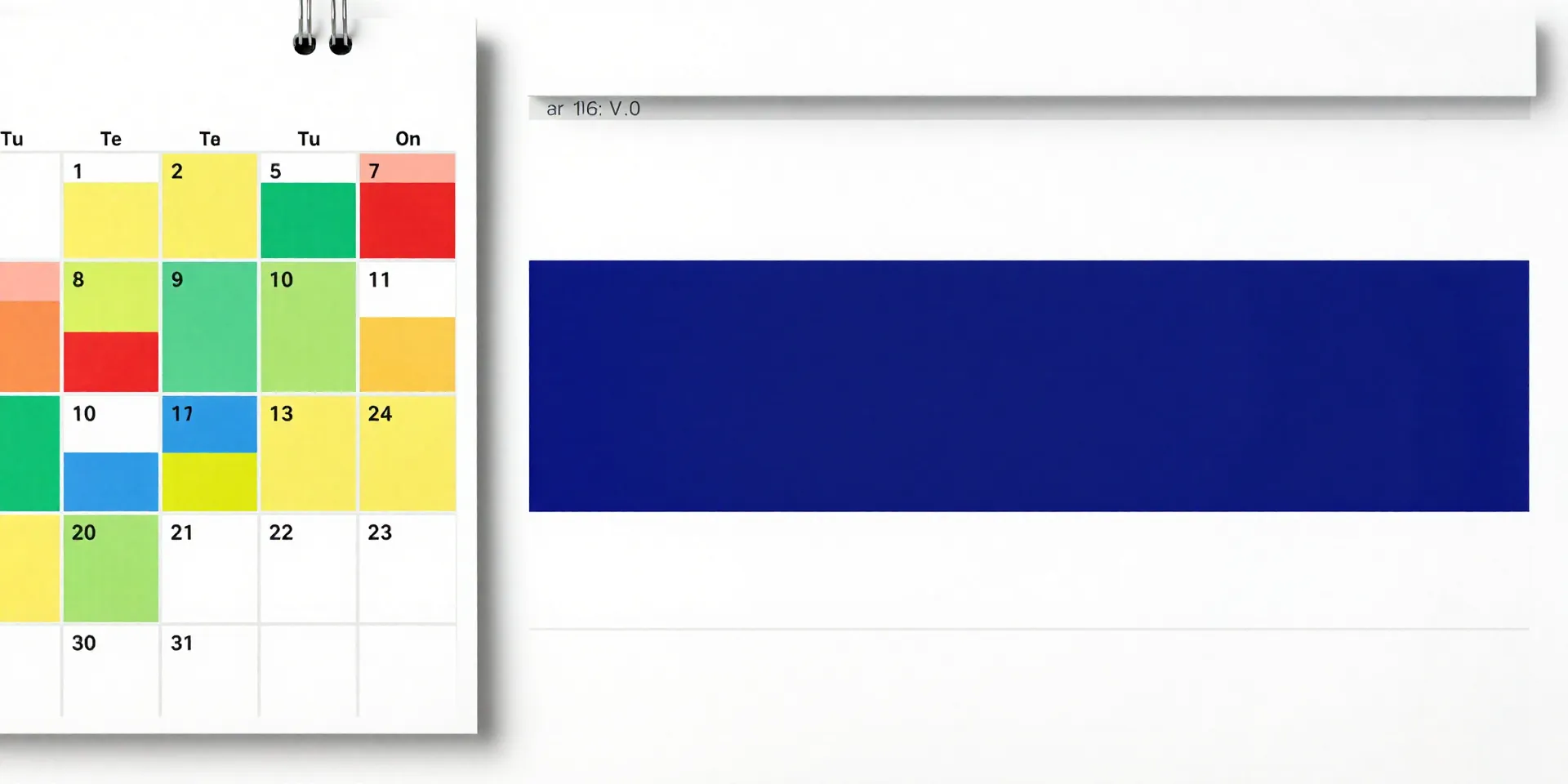 Split-screen image: Left side shows a calendar packed with colorful 30-minute blocks. Right side shows a single, deep blue