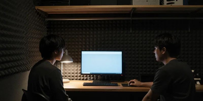 A person has transformed a walk-in closet into a micro-office. Soundproofing foam on the walls, a single monitor, no