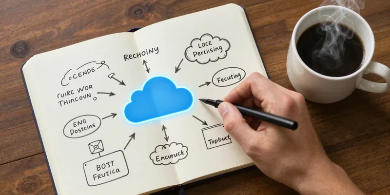 Open notebook with a hand-drawn flowchart pointing to a glowing blue cloud icon, steaming mug of coffee nearby, desk