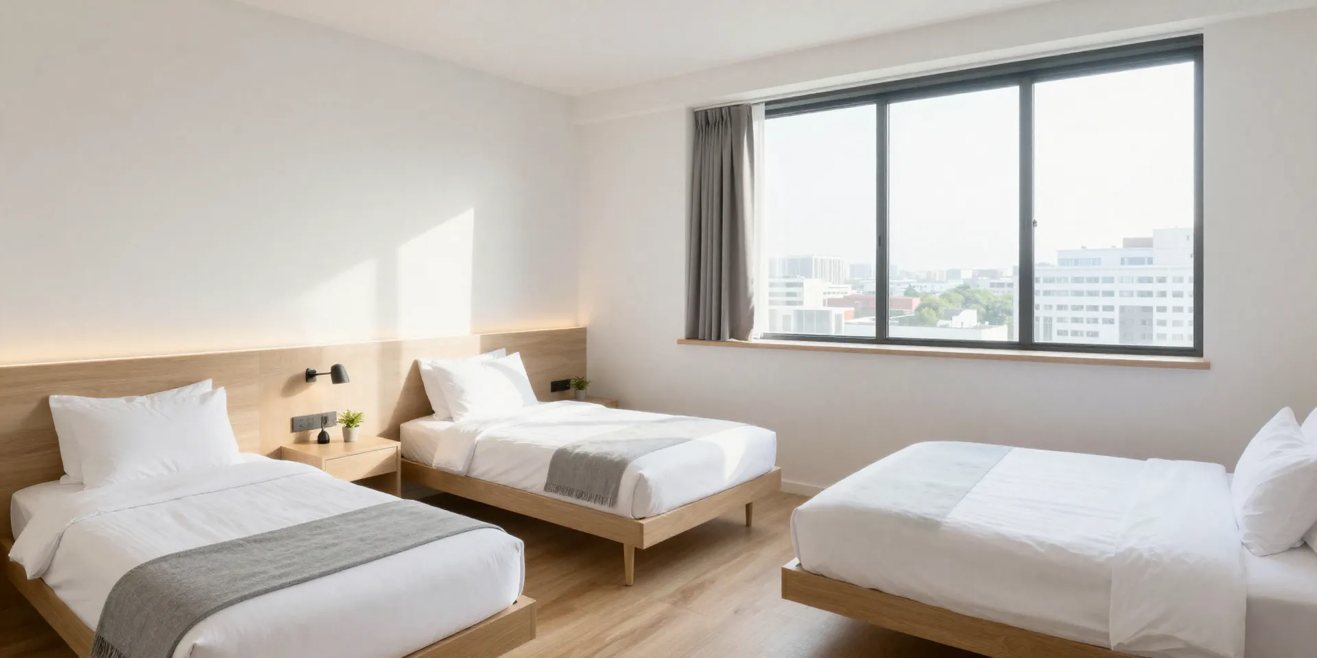 Light-filled private room in a modern hostel, with two separate single beds, minimalist design, and large windows