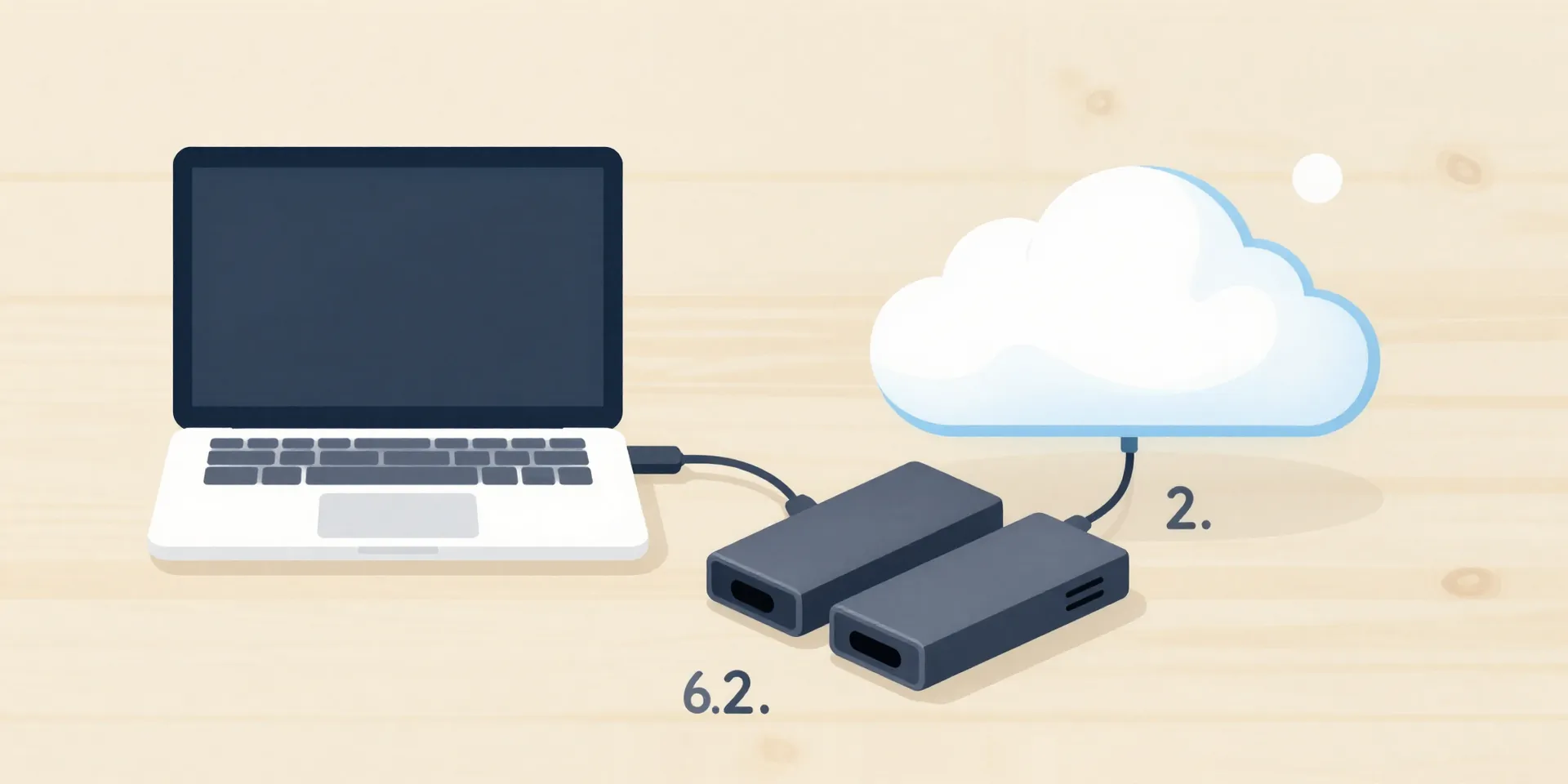 Minimalist infographic showing a laptop connected to two external drives and a floating cloud icon, simple icons