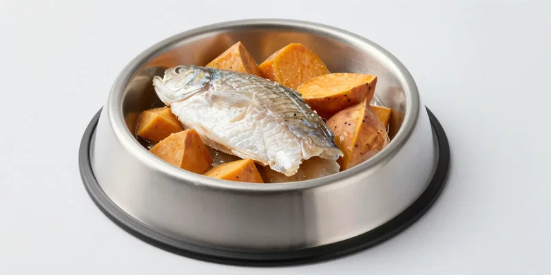 Sleek stainless steel dog bowl filled with only cooked white fish and sweet potato chunks, minimalist background