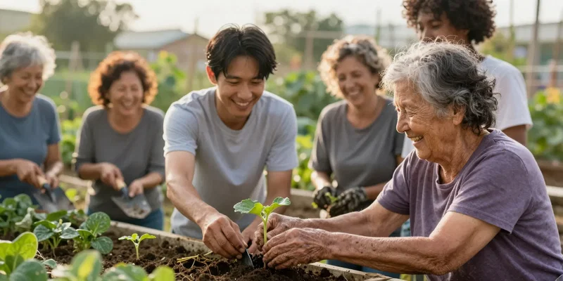Candid photograph, diverse group of adults laughing in a community garden, holding muddy trowels and plants. A person