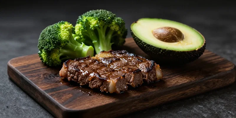 Still life. wooden board holds three simple components: a stack of seared steak strips, a pile of crisp green broccoli