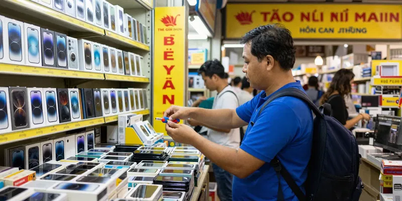 Dynamic shot from inside a busy Vietnamese electronics market (like The Gioi Di Dong). Shelves stacked with phone boxes