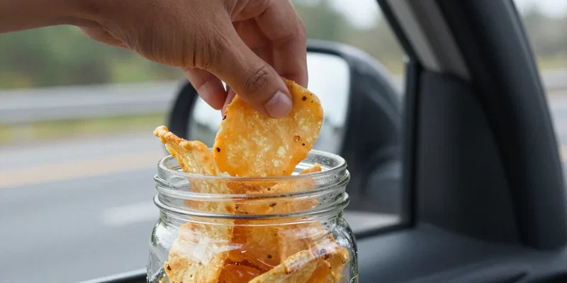 Close-up of a hand reaching into a mason jar filled with crispy, cheese-based keto snacks (like cheese crisps and pork