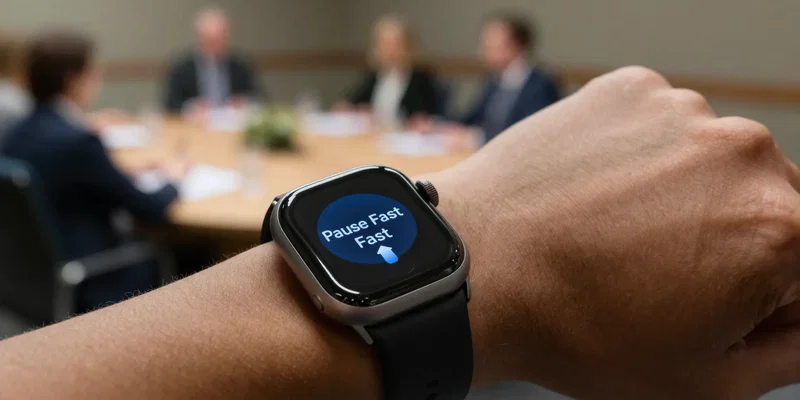 Close-up of a smartwatch on a wrist, screen showing a 'Pause Fast' button with a tap animation. background of a conference