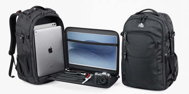 Cutaway illustration view of the peak design everyday backpack, showing a 16-inch macbook pro in a suspended laptop sleeve
