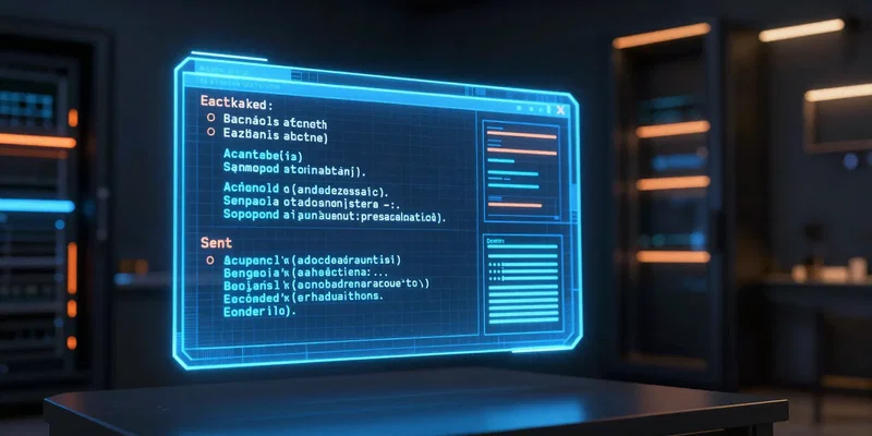 A glowing holographic blueprint of a computer terminal command line, floating in a dark server room, neon blue and orange