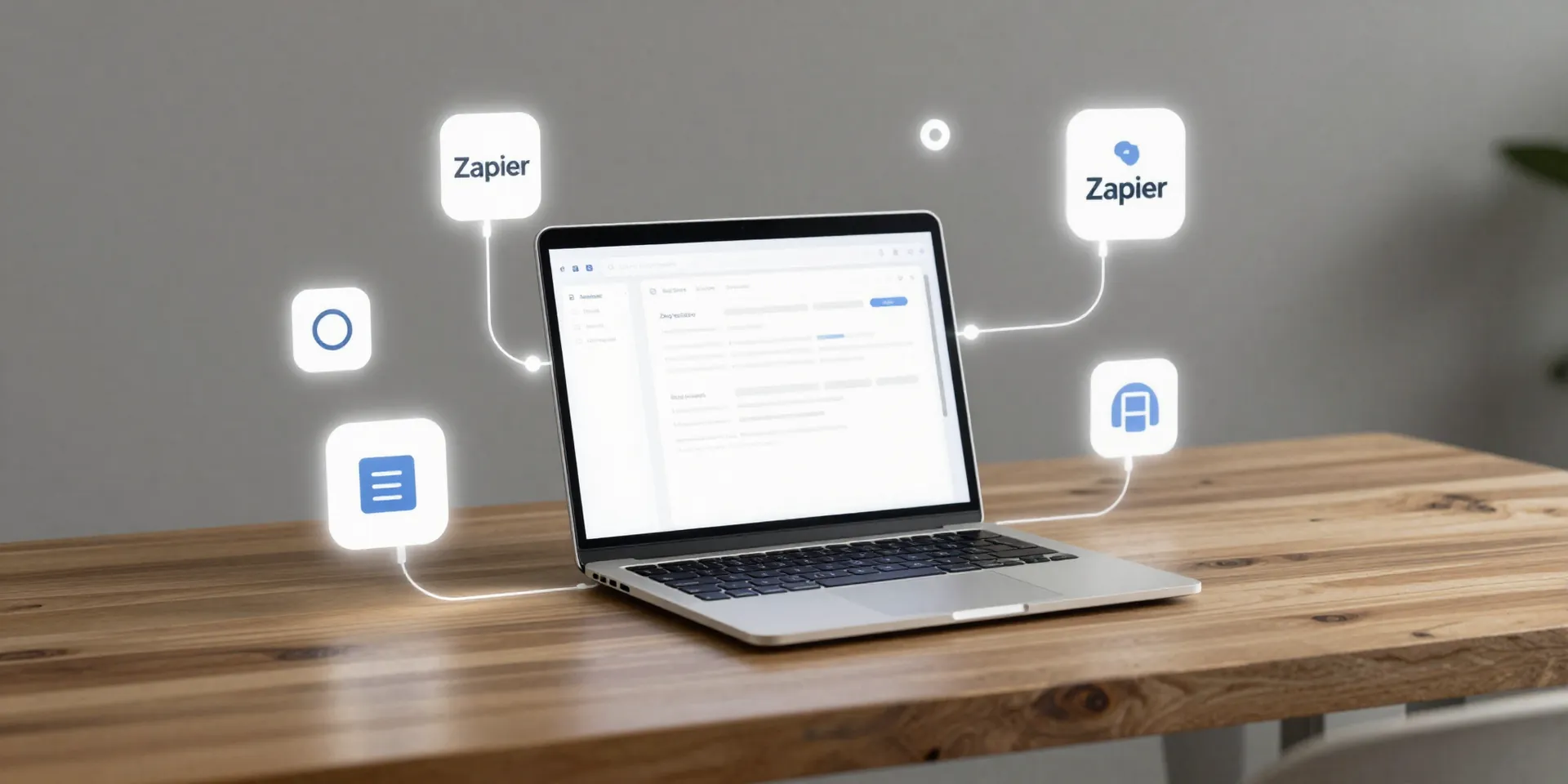 Modern workspace. A laptop on a wooden desk showing a simple dashboard, connected by glowing, elegant lines to icons