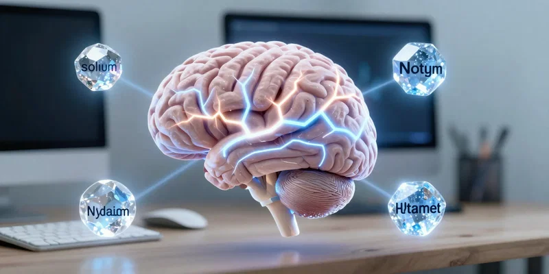 Conceptual digital illustration of a human brain glowing with electrical signals, with three key minerals (sodium