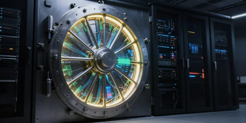 A massive, glowing vault door in a high-tech server room opening slightly, cables glowing with digital data