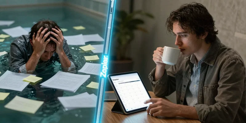 A split-screen image. Left side: A disheveled, stressed person drowning in papers and sticky notes. Right side: The same