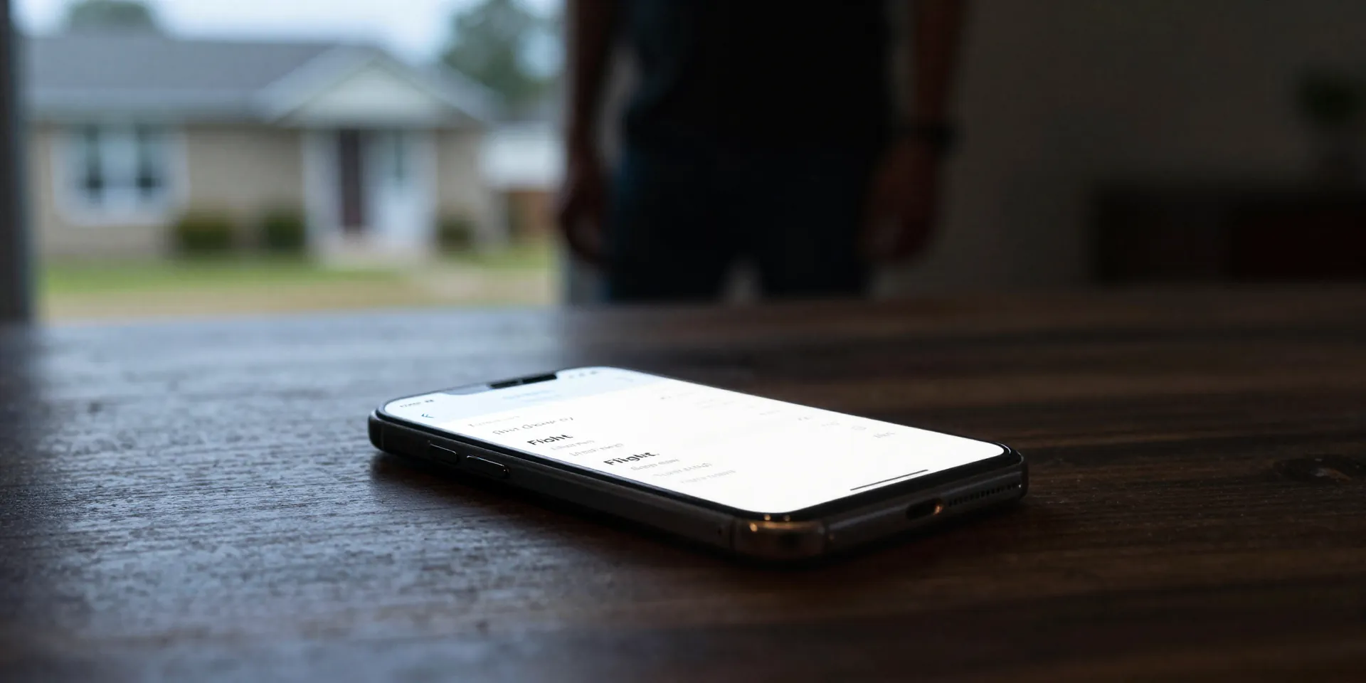 A glowing smartphone screen showing a flight ticket resting on a dark wooden table, an out-of-focus shadowy figure standing