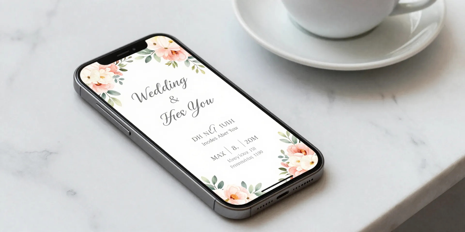 A sleek smartphone screen displaying an elegant, modern digital wedding invitation with animated floral borders, resting