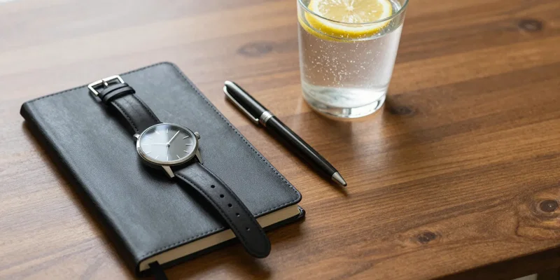 A minimalist shot on a polished wooden desk: a sleek watch on a black journal, a pen, and a glass of sparkling water