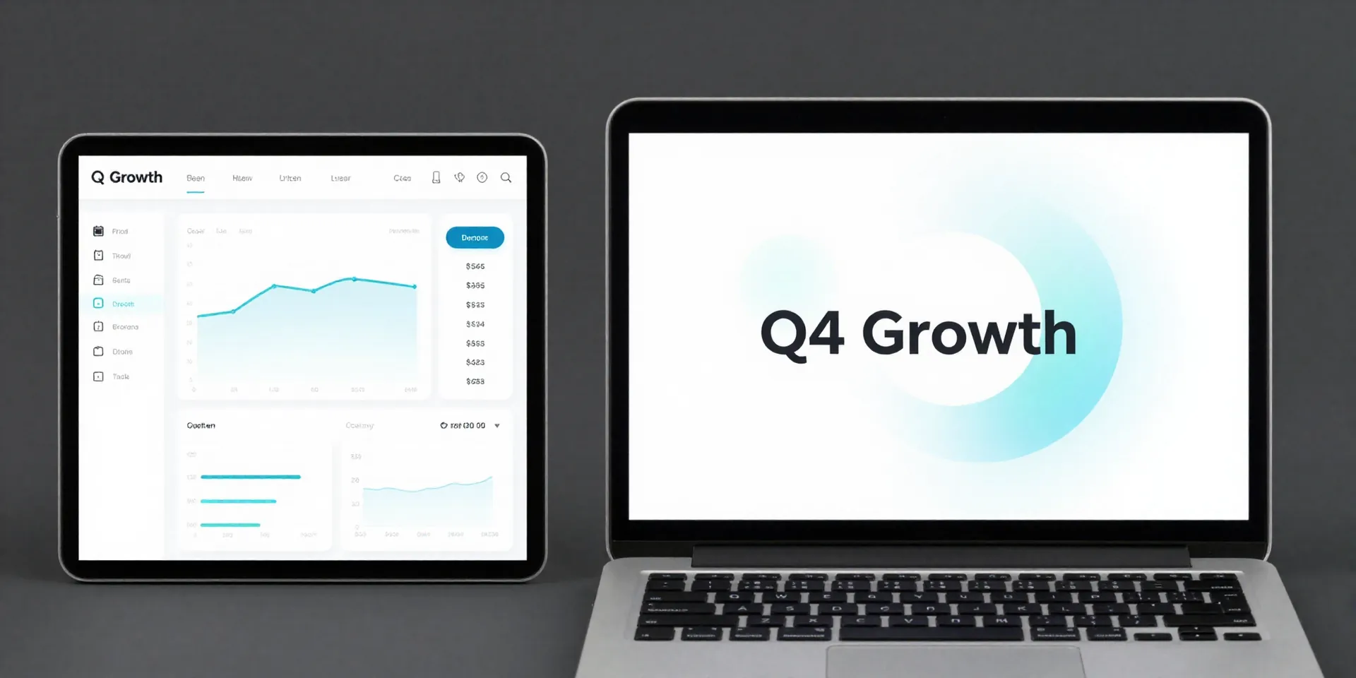 Split-screen image: left side shows a sleek app dashboard with graphs and fasting history, right side shows a laptop
