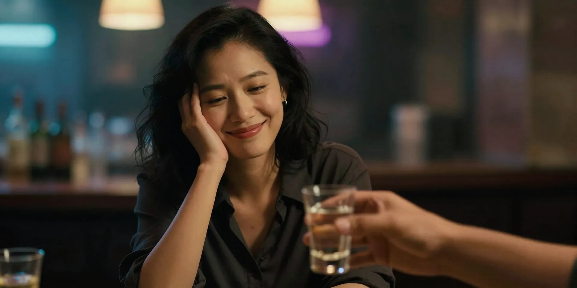 A woman smiling politely but firmly shaking her head, a neon-lit bar background blurred, a stranger's hand offering a shot