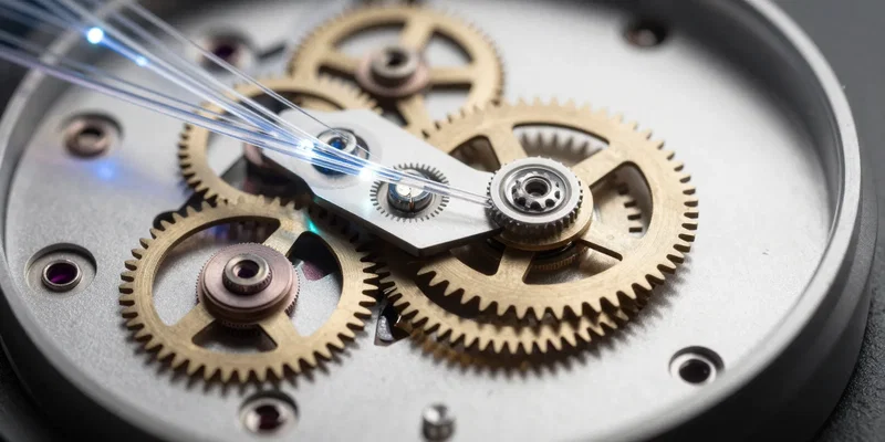 Complex mechanical watch gears interwoven with glowing fiber optic cables, representing bash script automation