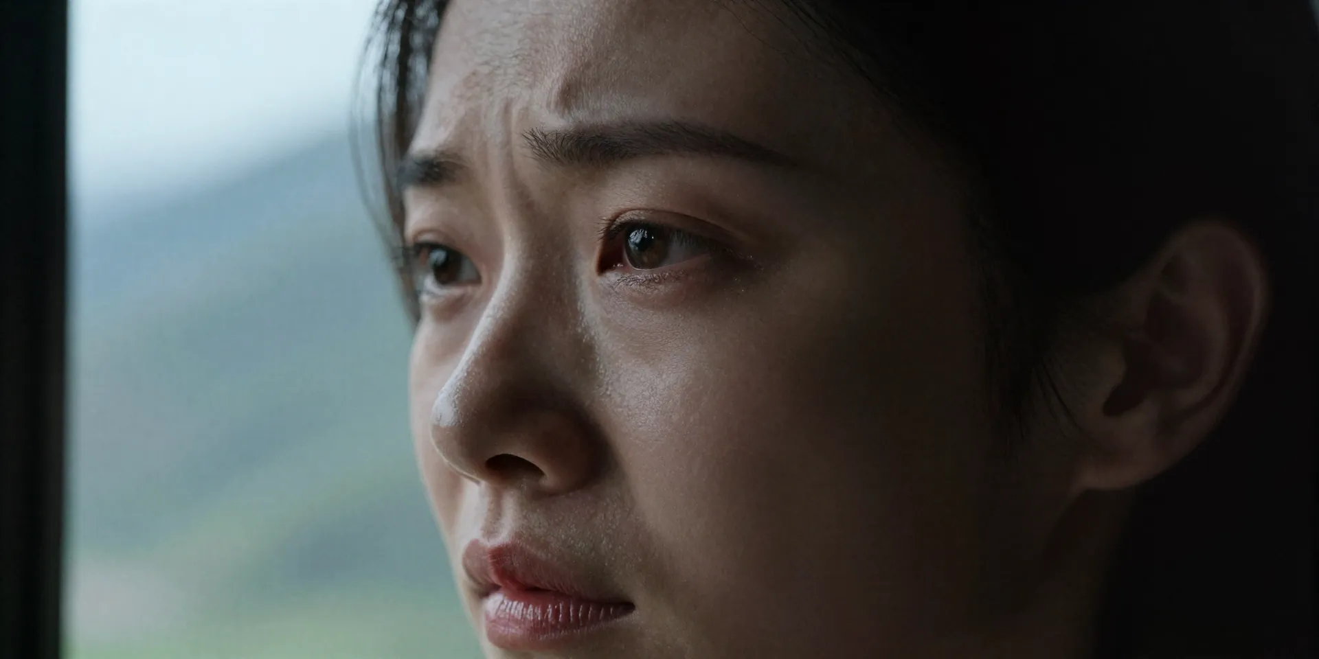Extreme close-up portrait of a woman's face, visible stress in her eyes, overlooking a stunning but completely blurred out