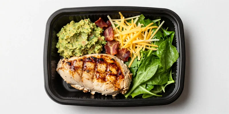 Stylish, minimalist overhead shot of a perfect airport keto meal: a black cardboard takeout box with a juicy grilled chicken