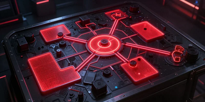Intricate tactical map with glowing red exclusion zones on a black metallic table, cyberpunk aesthetic, neon lights