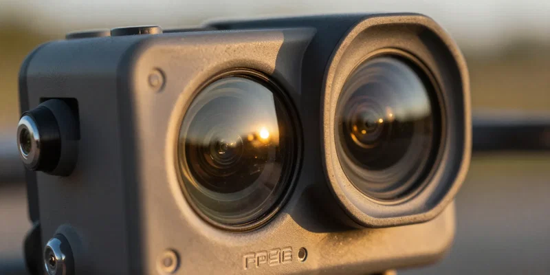 Close up of an FPV drone action camera lens with an ND filter attached, sun reflecting off the pristine glass