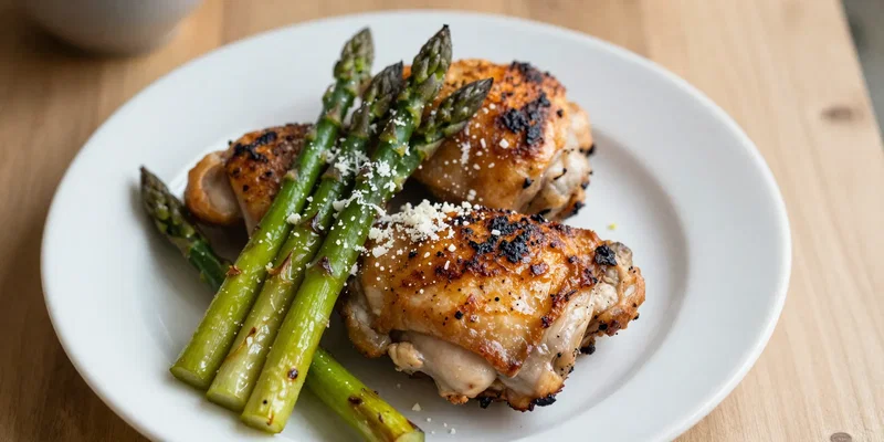 White dinner plate with juicy chicken thighs with crispy skin and vibrant roasted asparagus with parmesan, shot in a cozy