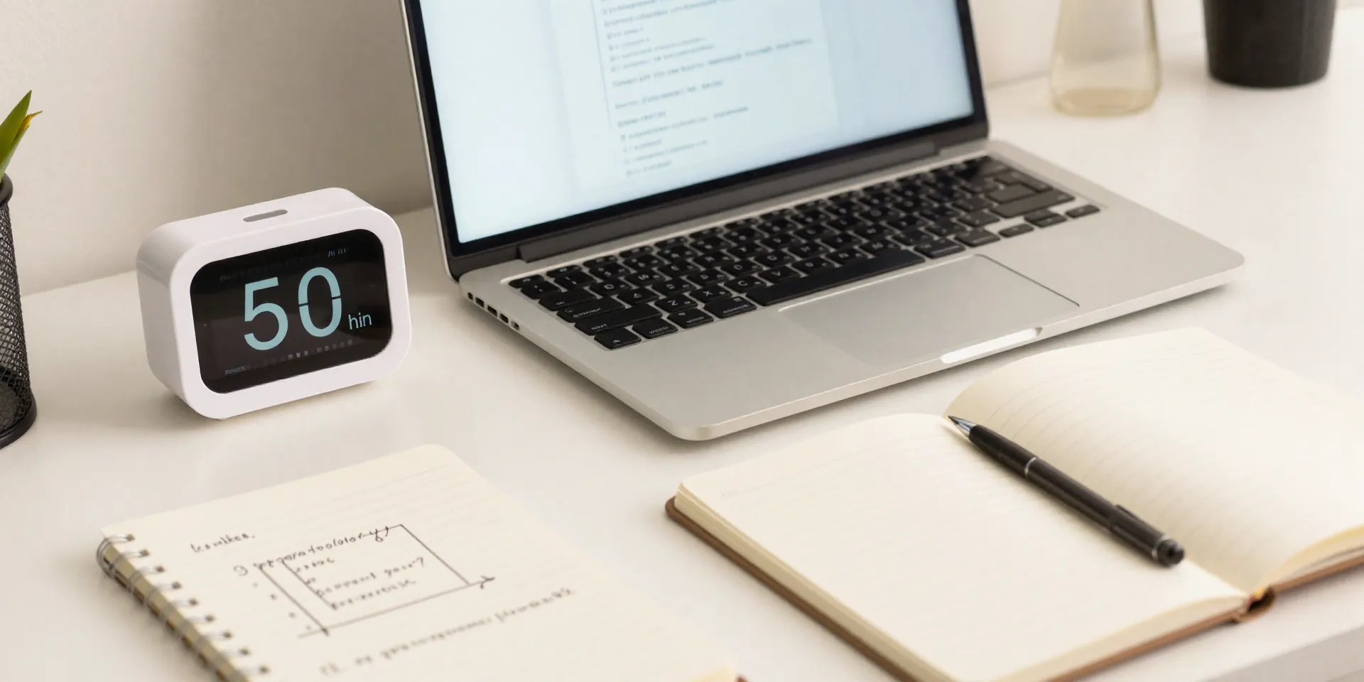 Modern desk setup with a laptop, a physical Pomodoro timer set to 50 minutes, a notebook with sketched code architecture