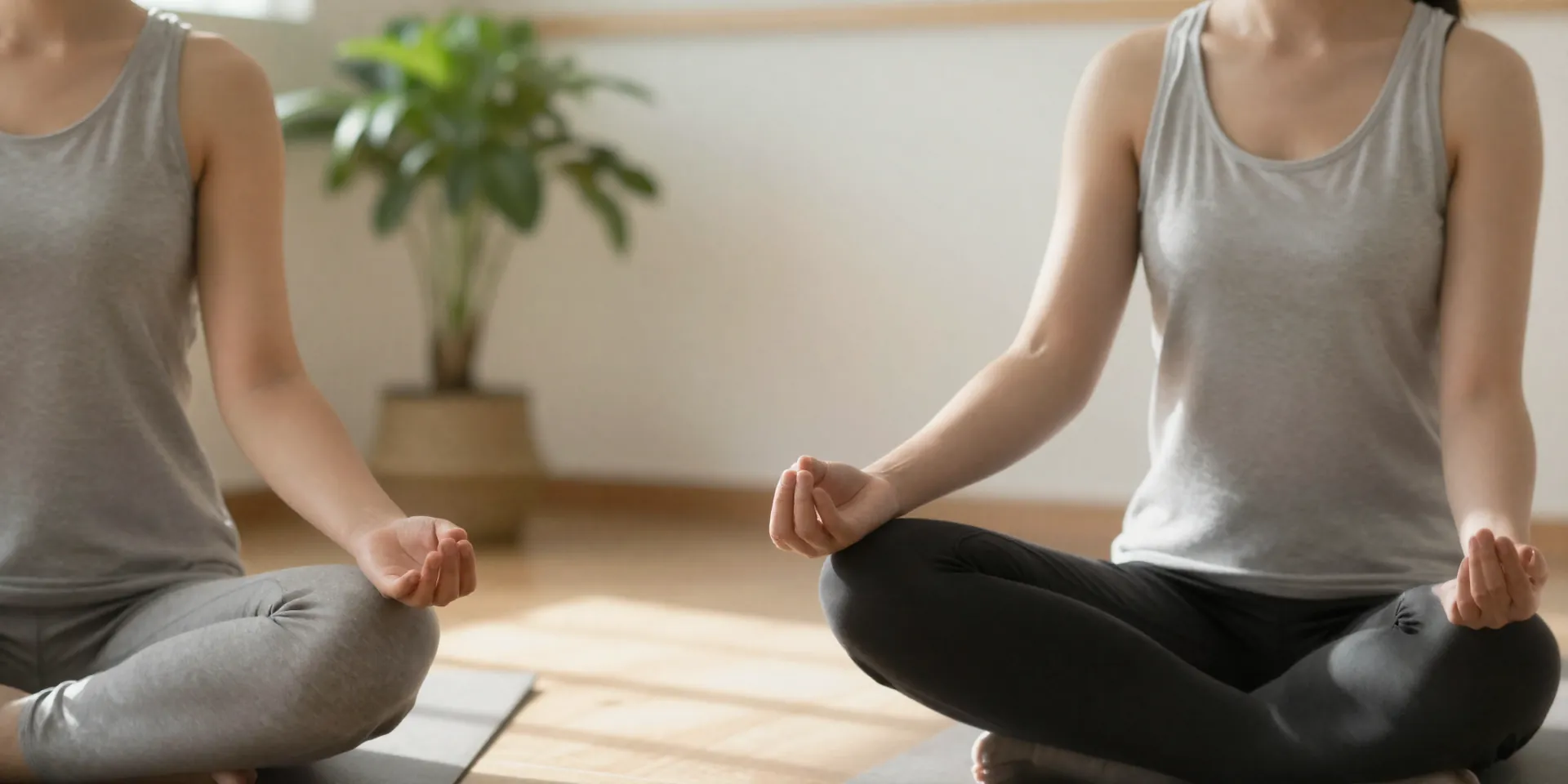 A person meditating in a sun-drenched, minimalist room with a single potted plant. serenity and inner calm. lifestyle
