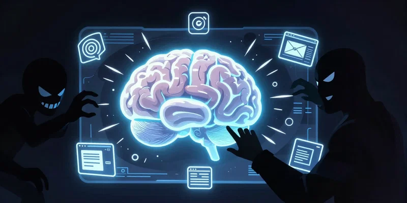Illustrative concept art. A glowing, focused brain center on screen, surrounded by shadowy, menacing icons of social media