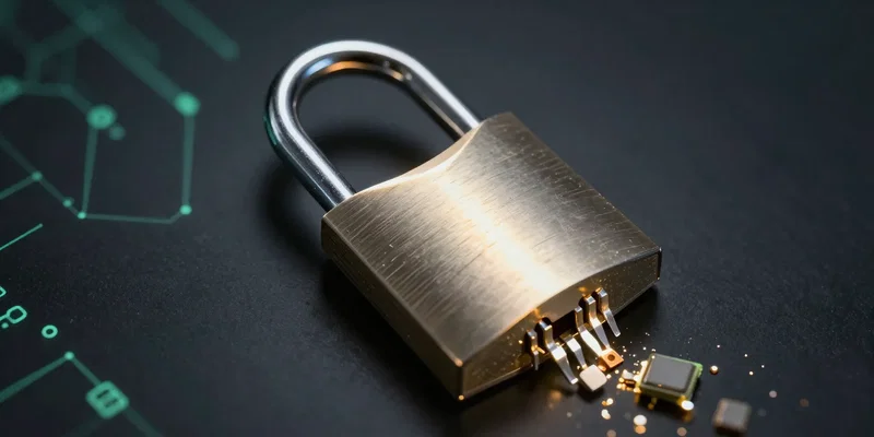 A glowing microchip dissolving a physical metallic lock, background with subtle green matrix code