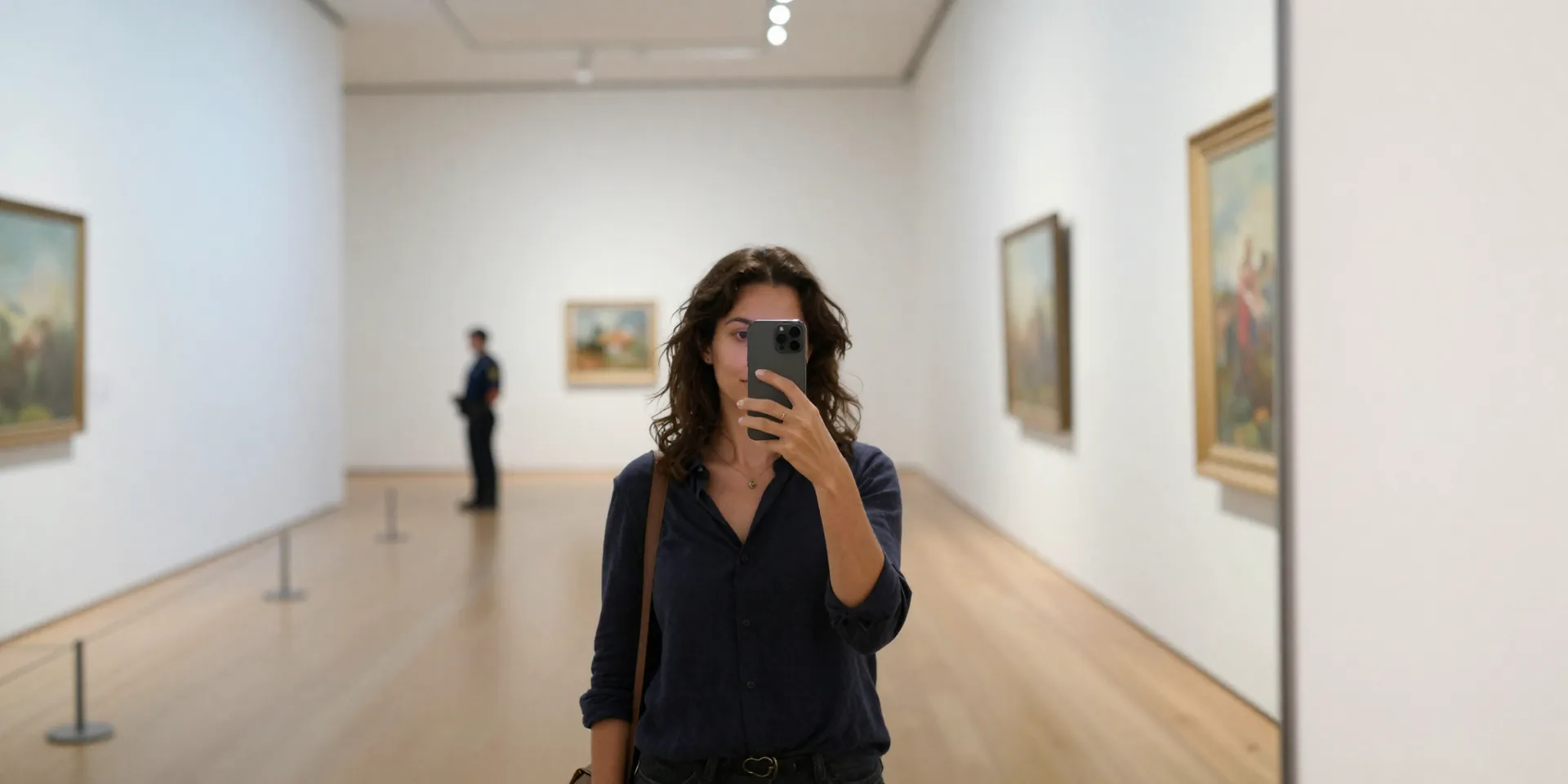 A woman taking a selfie in a well-lit, modern art museum gallery, with a security guard subtly visible in the background