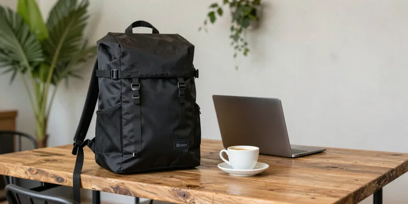 A stylish, minimalist black Bellroy Transit Backpack placed on a rustic wooden table next to a ceramic coffee cup