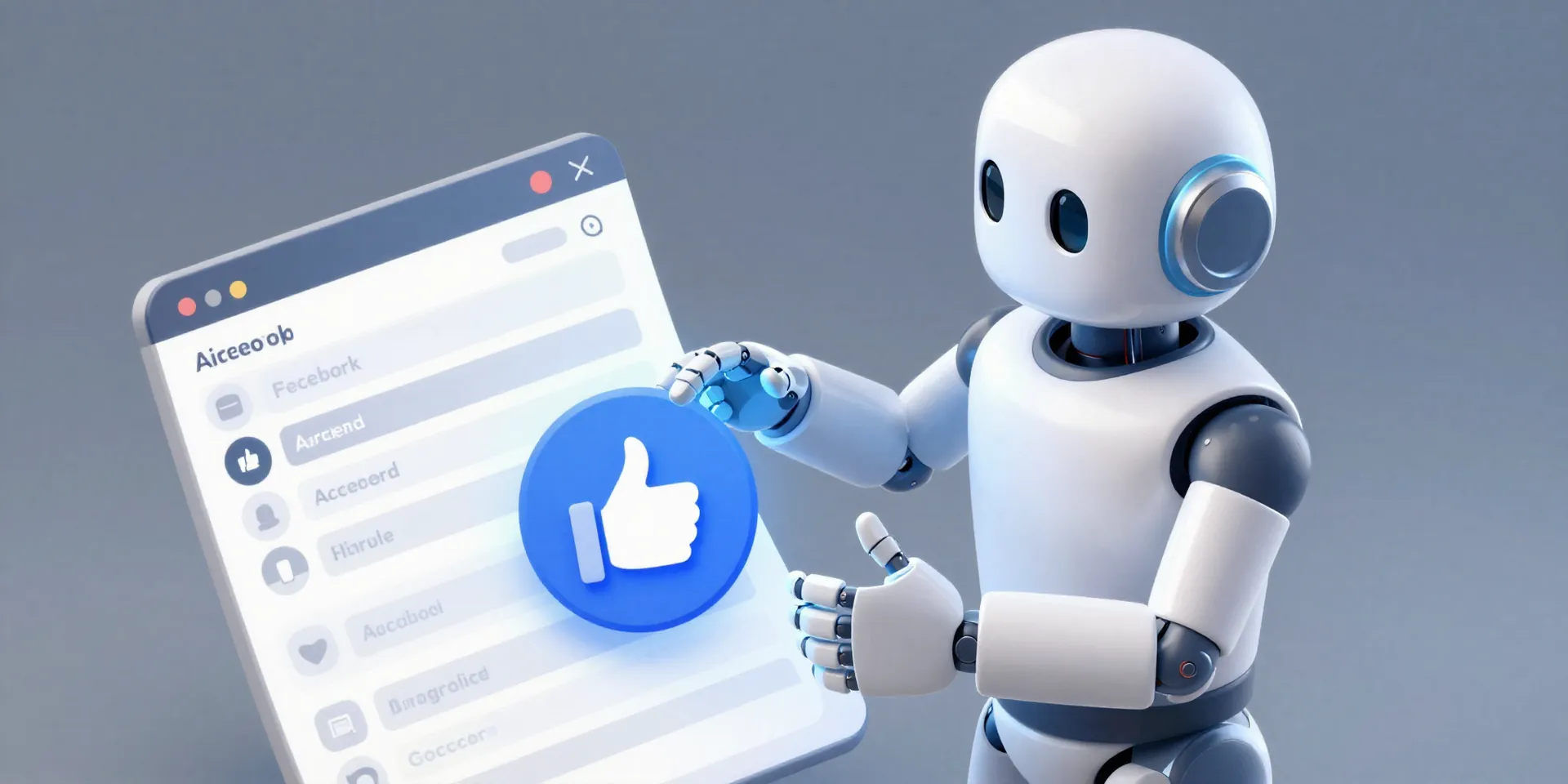 A sleek, friendly robot butler with glowing hands, gently placing a digital Facebook 'thumbs up' icon into a neat, organized