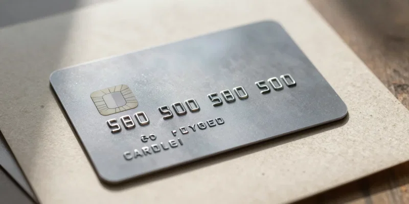 Close up of a sleek metal credit card resting on top of rustic, recycled paper wedding invitations
