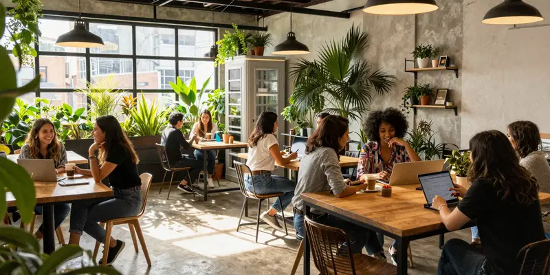 Co-working space in Medellin, Colombia, modern industrial design with plants, a mix of digital nomads collaborating