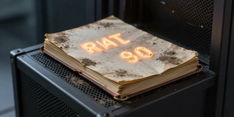 A dusty old logbook sitting on top of a modern sleek server rack, glowing orange text appearing on the paper, magical realism